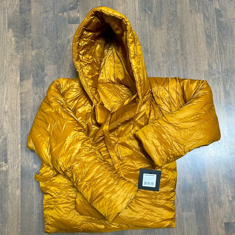 Norma Kamali Hooded Sleeping Bag Coat Short, XS/S, Mocha, NWT!